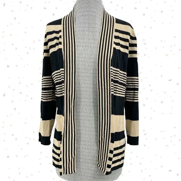 Cable & Gauge Black Camel Striped Cardigan Open Front Sweater Silk Blend Size M - Picture 1 of 6